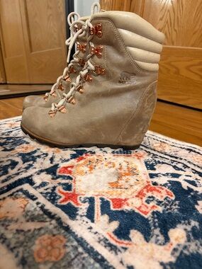 Sorel Beige Lace-Up Wedge Boots with Rose Gold Hardware